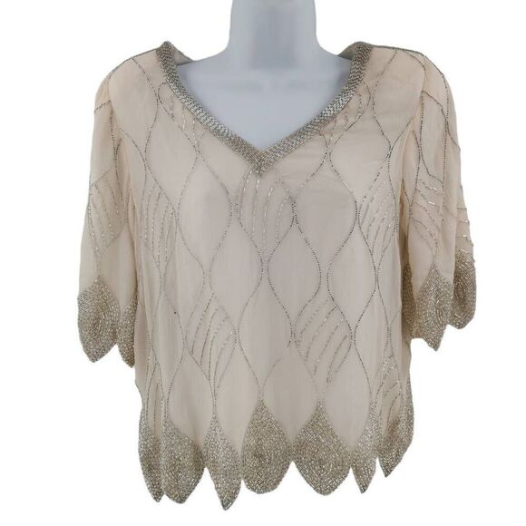Vintage White Silk Top Hand Embellished in Silver BeadsCirca 1980s-1990s